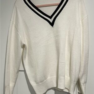 V-Neck White Sweater with Black Trim